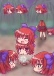  &gt;_&lt; 1girl ^_^ blurry bow cape chasing closed_eyes depth_of_field disembodied_head fang flying forest grin hair_bow head_on_head highres kougetsu_(gessyuukou) long_sleeves motion_lines nature night outdoors power-up red_eyes redhead sekibanki short_hair smile tears touhou 