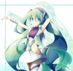  1girl 2014 arms_up artist_name blue_eyes bracelet dated green_hair hacko hat hatsune_miku headset jewelry long_hair navel outstretched_arm skirt smile solo thigh-highs twintails very_long_hair vocaloid 