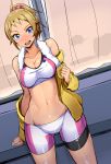  1girl bike_shorts blue_eyes blush breasts brown_hair gundam gundam_build_fighters gundam_build_fighters_try highres hoshino_fumina jacket large_breasts looking_at_viewer midriff nac000 navel open_clothes open_jacket open_mouth ponytail short_hair smile solo sports_bra towel towel_around_neck 