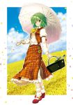 1girl ascot bottle brown_eyes carrying clouds field flower flower_field green_hair holding horizon izuna_nie kazami_yuuka long_skirt looking_at_viewer parasol petals picnic_basket short_hair side_slit skirt skirt_set sky smile solo touhou umbrella