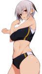  1girl bare_shoulders breasts brown_eyes buruma grey_hair highres large_breasts looking_at_viewer midriff navel original parted_lips shinjiro short_hair simple_background solo stretch sweat white_background 