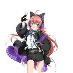  1girl ahoge animal_ear_headphones animal_ears aqua_eyes arm_up bang_dream! belt black_belt black_choker black_gloves black_jacket black_shorts cat_ear_headphones choker collarbone cowboy_shot fake_animal_ears fingerless_gloves gloves grin hand_on_own_hip headphones jacket long_hair long_sleeves looking_at_viewer multiple_belts official_art open_clothes open_jacket red_hair shirt short_shorts shorts smile solo standing tamade_chiyu transparent_background very_long_hair 