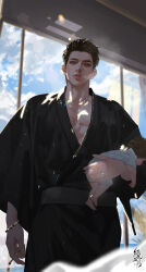  1boy absurdres baby baby_carry black_kimono bloodybeni blue_sky blurry blurry_background bracelet brown_hair carrying chinese_text cigarette clouds cloudy_sky copyright_request cowboy day depth_of_field from_below green_eyes hair_slicked_back highres holding holding_baby holding_cigarette indoors japanese_clothes jewelry kimono lens_flare lips looking_at_viewer male_focus mature_male muscular muscular_male necklace nose open_clothes original pectoral_cleavage pectorals ring short_hair sky smoke standing watermark 