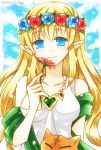  1girl blonde_hair blue_eyes breasts cat chisa dated flower head_wreath long_hair pointy_ears puzzle_&amp;_dragons smile solo 