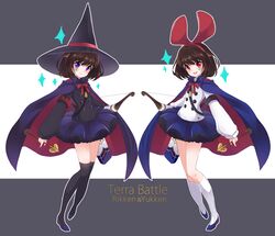  2girls armband arrow black_legwear blue_skirt blush bow bow_(weapon) brown_hair buttons cape character_name copyright_name facial_mark firou frills hairband hat kneehighs long_sleeves multiple_girls open_mouth outline over-kneehighs purple_skirt quiver red_bow red_eyes rikken_(terra_battle) short_hair siblings sisters skirt smile sparkle terra_battle thigh-highs twins violet_eyes weapon white_legwear witch_hat yukken_(terra_battle) 