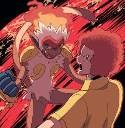  1boy afro black_eyes blue_eyes commentary_request flint_(pokemon) infernape looking_at_viewer male_focus minashirazu open_mouth pokemon pokemon_(creature) pokemon_dppt red_hair sharp_teeth shirt short_sleeves simple_background tail teeth yellow_shirt 