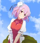  1girl bandaged_arm blush breast_squeeze breasts bun_cover come_hither flower ibaraki_kasen large_breasts looking_at_viewer noa_(nagareboshi) pink_hair red_eyes rose shirt short_hair skirt slit_pupils smile solo tabard touhou v_arms 