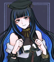  1girl beret black_hair blue-tinted_eyewear blue_hair colored_inner_hair fate/grand_order fate_(series) green_eyes green_hat green_jacket grey_eyes hat jacket jewelry kashiran looking_at_viewer multicolored_hair neck_ring o-ring purple-tinted_eyewear round_eyewear smile solo sunglasses tenochtitlan_(fate) tenochtitlan_(second_ascension)_(fate) tinted_eyewear wavy_hair zipper 