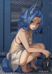  1girl animal_ears barefoot blue_eyes blue_hair cat highres legs long_hair looking_at_viewer open_mouth original sitting solo toro_(konirio) 