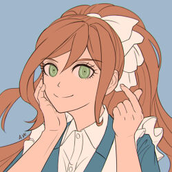  1girl blue_background breasts brown_hair collared_shirt danganronpa_(series) danganronpa_3_(anime) dress_shirt finger_heart green_eyes hands_up high_ponytail large_breasts long_hair ponytail shirt simple_background smile solo suika_no9 white_shirt yukizome_chisa 