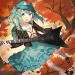  1girl autumn autumn_leaves backpack bag blush dress dress_shirt electric_guitar green_eyes green_hair guitar hat instrument kawashiro_nitori key kneehighs leaf maple_leaf musical_instrument rie_(reverie) shirt shoes short_hair solo touhou twintails white_legwear white_shirt 