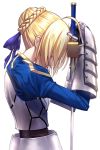  1girl ahoge armor armored_dress blonde_hair closed_eyes excalibur fame_peera fate/stay_night fate_(series) gauntlets hair_ribbon hands_on_hilt juliet_sleeves long_sleeves puffy_sleeves ribbon saber shiny shiny_hair short_hair solo sword weapon 