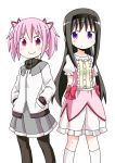  2girls akemi_homura arms_behind_back black_hair blush cosplay costume_switch hair_ribbon hairband hands_in_pockets jacket kaname_madoka kneehighs long_hair mahou_shoujo_madoka_magica multiple_girls nekotoufu pantyhose pink_hair red_eyes ribbon short_hair short_twintails skirt smile standing sweatdrop twintails violet_eyes 