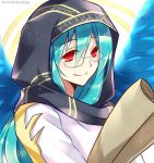 artist_name blue_hair chisa dated glasses long_hair puzzle_&amp;_dragons red_eyes smile solo 