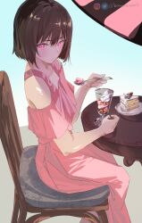  1girl absurdres bare_shoulders brown_hair cake cake_slice chair closed_mouth dress food from_side frown hand_on_table highres holding holding_spoon instagram_logo knowname long_dress looking_at_viewer medium_hair osanai_yuki parfait pink_dress pink_eyes shoushimin_series sitting solo spoon table twitter_logo twitter_username 