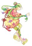  1girl bangs capri_pants character_request double_bun floral_print hair_ornament hairclip japanese_clothes kimono nail_polish newrein pants parted_bangs platform_footwear smile solo twintails wide_sleeves 