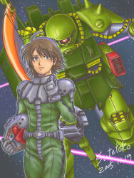  2008 absurdres asuna_elmarit battle brown_eyes brown_hair cable commentary_request dated ecole_du_ciel energy_beam gloves gundam heat_hawk helmet highres hizack holding holding_helmet looking_at_viewer machinery mecha mecha_pilot_suit mikimoto_haruhiko_(style) military_uniform mobile_suit neo_zeon one-eyed robot science_fiction serious shield shoulder_spikes signature space spikes spoilers star_(sky) suteteko76 titans_(gundam) weapon zeon 