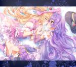  2girls asahina_mirai blonde_hair blush closed_eyes cure_magical cure_miracle flower hat highres inoshishi_(ikatomo) interlocked_fingers izayoi_liko letterboxed long_hair looking_at_another magical_girl mahou_girls_precure! multiple_girls pink_eyes precure purple_hair rose witch_hat wrist_cuffs yuri 