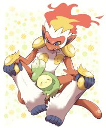  :> blush budew closed_eyes closed_mouth fang fire hands_on_own_knees infernape minashirazu no_humans open_mouth pokemon pokemon_(creature) simple_background smile tail 