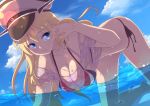  1girl bikini bismarck_(kantai_collection) blonde_hair blue_eyes bubble clouds droplets dutch_angle hand_in_hair hat highres kantai_collection kneeling light_smile long_hair looking_at_viewer moonhackle partially_submerged see-through sky solo string_bikini swimsuit uniform water wet wet_clothes 