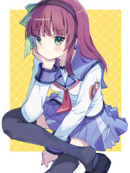  >:) 1girl akayama_yukihe angel_beats! black_hairband black_shoes black_thighhighs blue_sailor_collar blue_skirt blunt_bangs blush border bow closed_mouth commentary_request crossed_legs foot_out_of_frame green_bow hair_bow hair_over_shoulder hairband hand_on_own_chest hand_up head_rest highres loafers long_sleeves medium_hair miniskirt nakamura_yuri neckerchief outside_border pink_neckerchief pleated_skirt purple_hair sailor_collar shinda_sekai_sensen_uniform shirt shoes sidelocks simple_background sitting skirt smile solo split_mouth thigh-highs v-shaped_eyebrows white_border white_shirt yellow_background zettai_ryouiki 