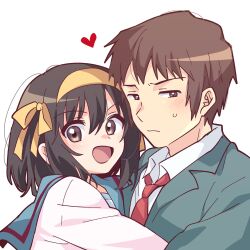  :d blazer blue_sailor_collar blush brown_eyes brown_hair closed_mouth collared_shirt green_jacket hair_ribbon hairband heart highres hug jacket kita_high_school_uniform kyon long_sleeves medium_hair necktie open_mouth red_necktie ribbon sailor_collar school_uniform serafuku shirt short_hair simple_background smile suzumiya_haruhi suzumiya_haruhi_no_yuuutsu sweatdrop taiki_(6240taiki) tongue white_background white_shirt winter_uniform yellow_hairband yellow_ribbon 