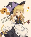  1girl apron bespectacled black_dress blonde_hair bow braid broom dress glasses halloween happy_halloween hat hat_bow jack-o&#039;-lantern kirisame_marisa looking_at_viewer puffy_short_sleeves puffy_sleeves shirt short_sleeves single_braid smirk solo star touhou waist_apron witch_hat yellow_eyes yume_kichi 