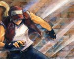  1boy baseball_cap blonde_hair brick_wall denim doraeshi fatal_fury fingerless_gloves gloves hat hat_over_eyes jeans king_of_fighters long_hair male muscle pants ponytail solo tank_top terry_bogard vest 