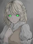  1girl blonde_hair bust glowing glowing_eyes green_eyes hand_on_own_chest highres igyouhime mizuhashi_parsee pointy_ears puffy_short_sleeves puffy_sleeves short_hair short_sleeves solo touhou 