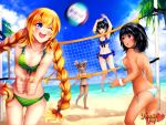  4girls alternate_hairstyle ass ball barefoot beach beach_volleyball beli_lapran bikini black_hair blonde_hair blue_eyes blue_sky braid breasts butt_crack cleavage commentary dark_skin highres hunie_pop jumping kaskia kyanna_delrio lola_rembrite long_hair motion_blur multiple_girls ocean official_art one_eye_closed polka_dot polka_dot_bikini polka_dot_swimsuit promotional_art short_hair side-tie_bikini sideboob sky striped striped_bikini striped_swimsuit swimsuit tiffany_maye twin_braids violet_eyes watermark 