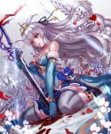  1girl bare_shoulders blood blood_stain bow breasts chain cleavage cross crown dress dutch_angle elbow_gloves gloves hair_ribbon long_hair miazi original petals red_eyes ribbon silver_hair sword thigh-highs weapon wrist_cuffs 