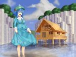  1girl backpack bag between_breasts blue_dress blue_eyes blue_hair blue_sky breasts clouds cloudy_sky dress forest frilled_shirt_collar frills hair_bobbles hair_ornament hat house kawashiro_nitori key large_breasts long_sleeves looking_at_viewer nature open_mouth partially_submerged river shirt skirt skirt_hold skirt_set sky solo standing touhou tree twintails wading water 
