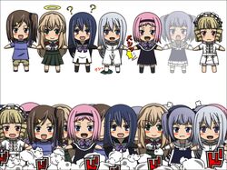  6+girls ? asymmetrical_hair barefoot black_border blonde_hair blue_hair blush_stickers bow brown_eyes brown_hair chibi clone detached_sleeves drasil drill_hair dust_cloud everyone frown fujisaki_mako ghost gokukoku_no_brynhildr hair_ornament hairband hairclip halo holding_hands kazumi_schlierenzauer kuroha_neko lavender_hair long_hair maid_headdress multiple_girls open_mouth pink_hair rejection sailor_collar siblings side_ponytail silver_hair simple_background sisters skirt smile spoilers stampede stomping tachibana_kana takatori_kotori thigh-highs todo_(masa3373) tokou_nanami twintails violet_eyes wakabayashi_hatsuna white_background 