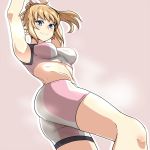  1girl armpits bike_shorts blue_eyes blush breasts brown_hair gundam gundam_build_fighters gundam_build_fighters_try hoshino_fumina large_breasts looking_at_viewer ponytail short_hair smile solo sports_bra sweat yaruku 