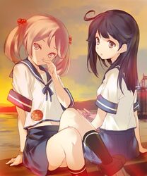  2girls ahoge badge black_eyes black_hair black_legwear hair_bobbles hair_ornament kantai_collection kawata_hisashi long_hair looking_at_viewer multiple_girls pink_eyes pink_hair sazanami_(kantai_collection) school_uniform serafuku short_hair sitting skirt twintails ushio_(kantai_collection) 