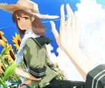  2girls blue_sky brown_eyes brown_hair flower hat hose kantai_collection kitakami_(kantai_collection) long_hair looking_at_viewer multiple_girls ooi_(kantai_collection) out_of_frame outstretched_hand sailor_collar sakuraba_yuuki skirt sky smile straw_hat summer sunflower towel towel_around_neck 