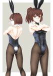  2girls animal_ears back-to-back bowtie brown_eyes brown_hair bunny_tail bunnysuit crossed_arms detached_collar ekibyou hyuuga_(kantai_collection) ise_(kantai_collection) kantai_collection long_hair multiple_girls pantyhose ponytail rabbit_ears short_hair tail 