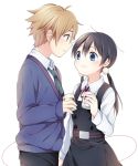  1boy 1girl ahoge black_hair blue_eyes brown_eyes brown_hair hair_ornament holding kitashirakawa_tamako long_hair looking_at_another ooji_mochizou phone school_uniform smile soranagi string_phone tamako_love_story tamako_market twintails 