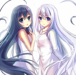  2girls aqua_eyes blue_eyes blue_hair fujisaki_mako gokukoku_no_brynhildr kuroha_neko long_hair multiple_girls nine_wangwang siblings silver_hair simple_background sisters very_long_hair white_background younger 