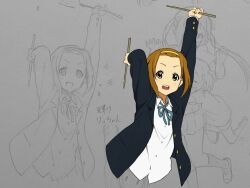  3girls aged_down arms_up ballpoint_pen_(medium) brown_hair drumsticks hairband hirasawa_yui holding holding_drumsticks jacket k-on! kicchi_(tmgk) light_blush looking_at_viewer multiple_girls nakano_azusa open_clothes open_jacket open_mouth paper pen_(medium) sakuragaoka_high_school_uniform school_uniform scribble short_hair smile tainaka_ritsu teeth traditional_media upper_body upper_teeth_only yellow_eyes yellow_hairband 