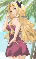  1girl absurdres black_headband blonde_hair bluesky_logo breasts brown_eyes dr._stone dress from_behind hand_in_own_hair headband highres hokutozai_minami instagram_logo knowname long_hair looking_at_viewer looking_back medium_breasts outdoors palm_leaf palm_tree red_dress short_dress solo strapless strapless_dress studded_headband tree twitter_logo twitter_username very_long_hair 