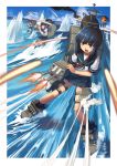  3girls bangs battle black_eyes black_hair black_legwear blue_skirt blue_sky blunt_bangs firing fubuki_(kantai_collection) hatsuyuki_(kantai_collection) highres kantai_collection kneehighs long_hair machinery miyuki_(kantai_collection) multiple_girls muzzle_flash neckerchief ocean one_eye_closed open_mouth pleated_skirt sailor_collar school_uniform serafuku short_hair short_ponytail skirt sky standing standing_on_water sumith thigh_strap under_fire 