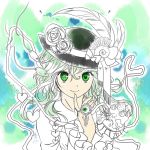  1girl black_hat bow cake closed_eyes diamond-shaped_pupils earrings eyeball feathers finger_to_mouth flower food green_eyes green_hair hat hat_ribbon heart heart-shaped_pupils jewelry komeiji_koishi lineart long_sleeves looking_at_viewer multicolored_background nagasehachi_koromoko ribbon smile solo spider star strawberry_shortcake symbol-shaped_pupils third_eye touhou upside-down 