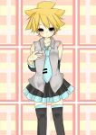   blonde_hair blush boy cosplay crossdressing hatsune_miku kagamine_len shota skirt necktie trap vocaloid  