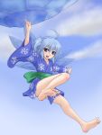 blue_eyes blue_hair cirno feet highres japanese_clothes kimono kuro_suto_sukii short_hair soles toes touhou wings 