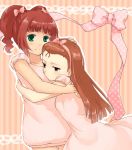  blush brown_eyes brown_hair green_eyes hairband himetsuba hug idolmaster long_hair minase_iori multiple_girls ribbon short_hair takatsuki_yayoi twintails 