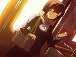  blush brown_eyes brown_hair dusk koikeya original scarf smile solo train train_interior uniform watch window wristwatch 