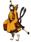  :&lt; animal_ears belt blazblue cat cat_hood coat eyepatch highres hood hoodie huge_weapon jubei_(blazblue) long_sleeves male mori_toshimichi multiple_tails official_art paws sheath sheathed simple_background solo standing sword tail tiptoes weapon whiskers white_background 