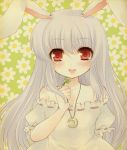  bare_shoulders blush bunny_ears clover cosplay crescent crescent_moon four-leaf_clover grey_hair inaba_tewi inaba_tewi_(cosplay) jewelry jyako long_hair necklace rabbit_ears red_eyes reisen_udongein_inaba solo touhou 