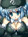  :o arano_takeshi between_breasts blue_eyes blue_hair breasts cleavage embellished_costume frills hat kawashiro_nitori key lace large_breasts no_bra solo takeda_aranobu touhou twintails 